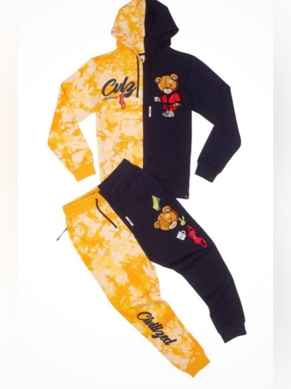 {EUC} CIVILIZED Men's Bear Hoodie & Joggers Set - Yellow & Blue Medium